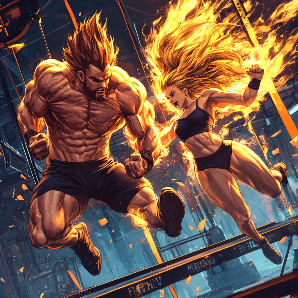 Muscular CrossFit athletes leap with dynamic Dragon Ball energy.