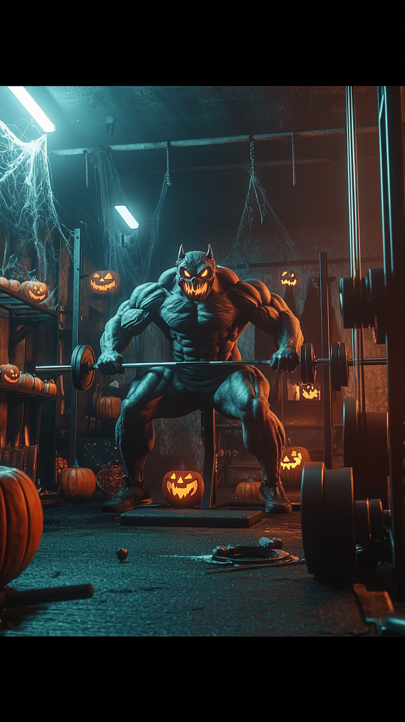 Muscular Halloween Monster Working Out in Spooky Gym