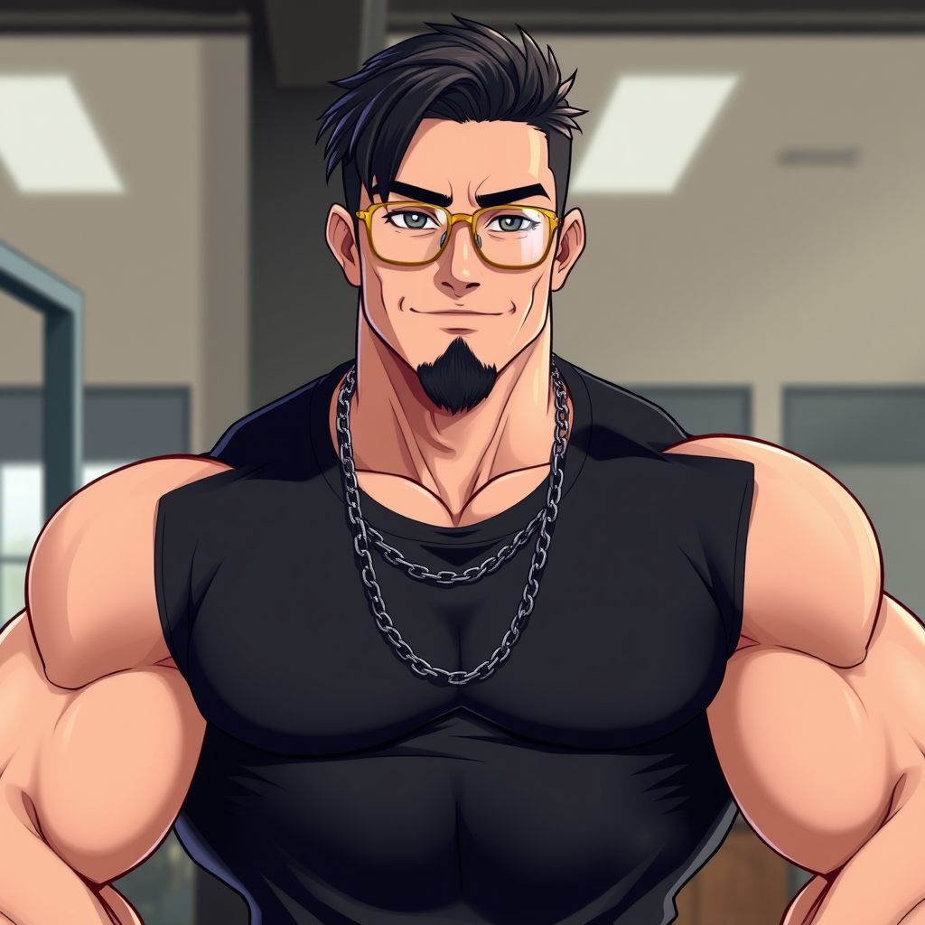 Muscular Man with Glasses in Gym, Anime Style