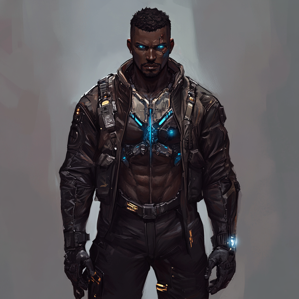 Muscular Sci-Fi Hero with Dark Skin and Blue Eyes