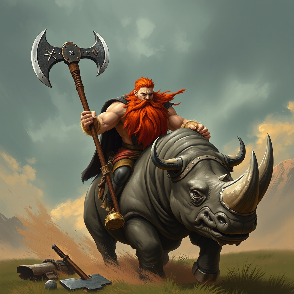 Muscular Viking Riding Rhino with Large Axe