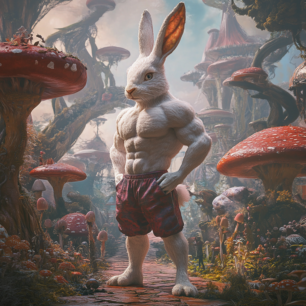 Muscular White Rabbit in Gym Clothes in Wonderland