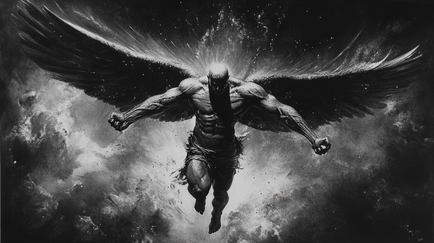 Muscular angel, fierce and determined, flying through space.