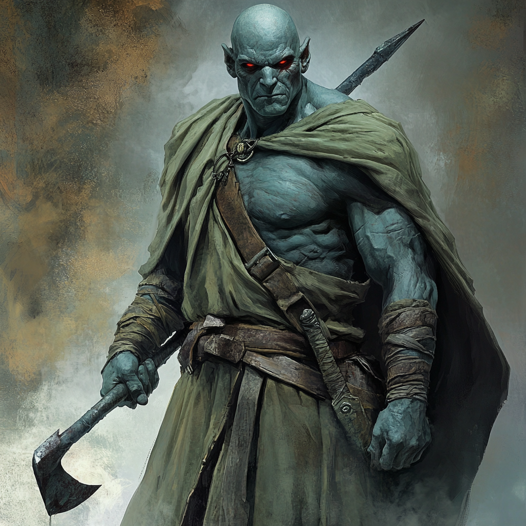 Muscular bald man in green cloak with sickle.