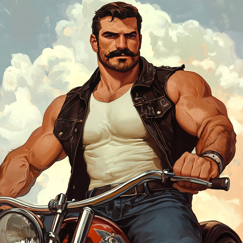 Muscular biker with mustaches in Tom of Finland style.