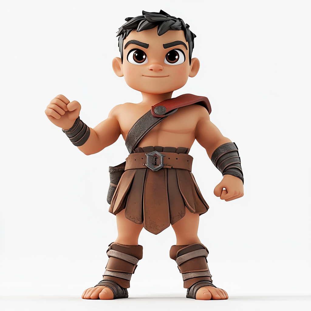 Muscular cartoon character in gladiator costume for video game.