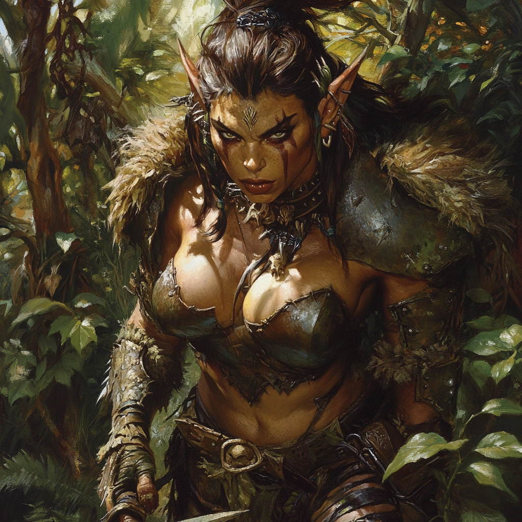 Muscular female orc emerges from dense bush