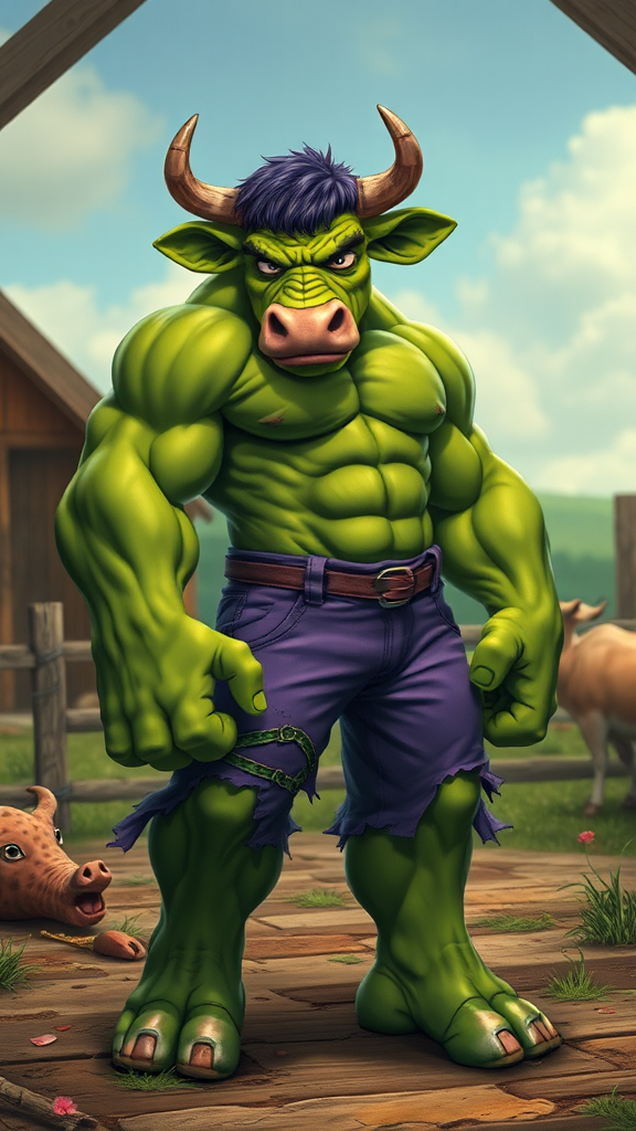 Muscular green cow, Hulk, in whimsical barnyard.