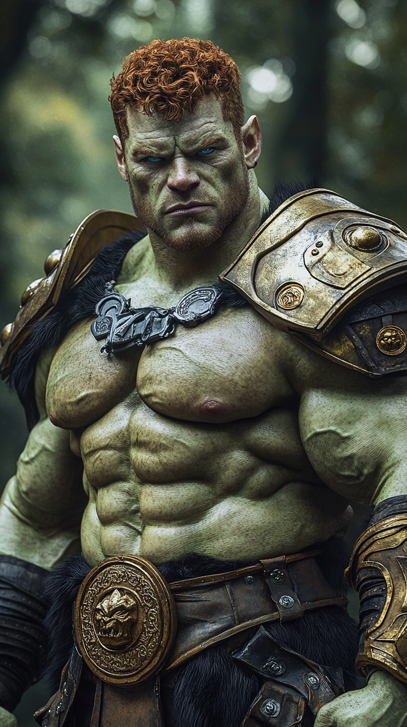 Muscular green orc flexing in forest