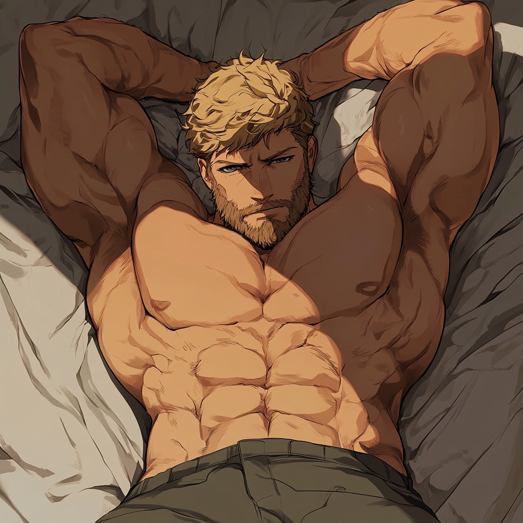 Muscular guy with scruffy hair on bed.