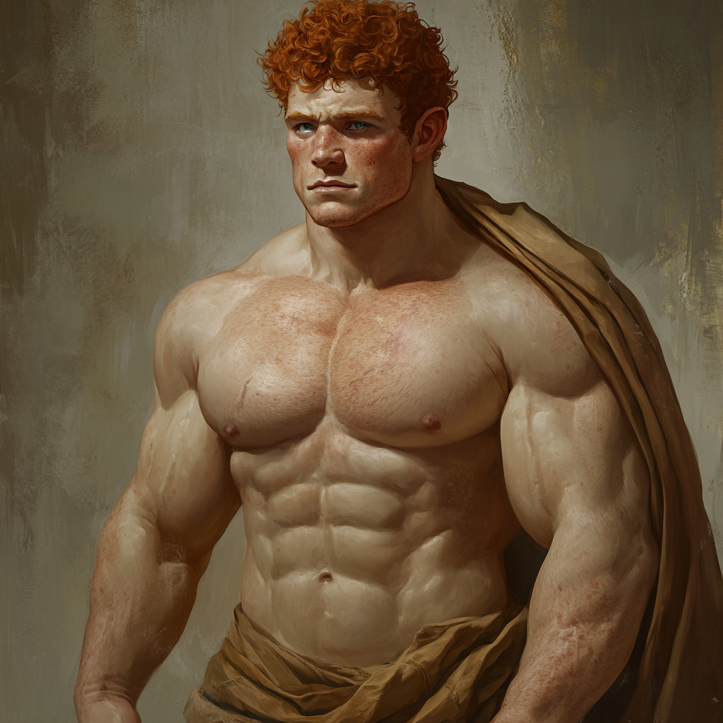 Muscular half-orc with red hair and freckles.