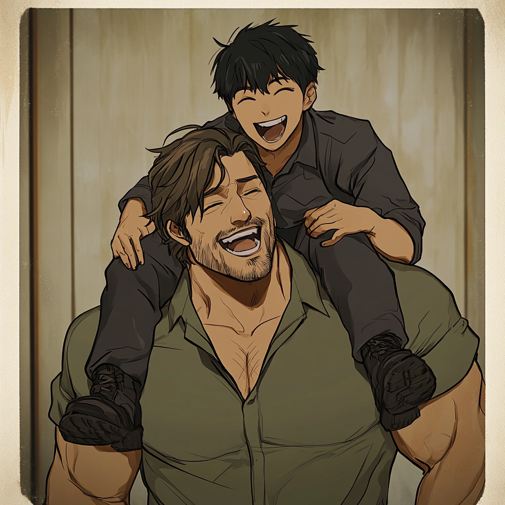 Muscular man carrying young Korean man, both laughing 