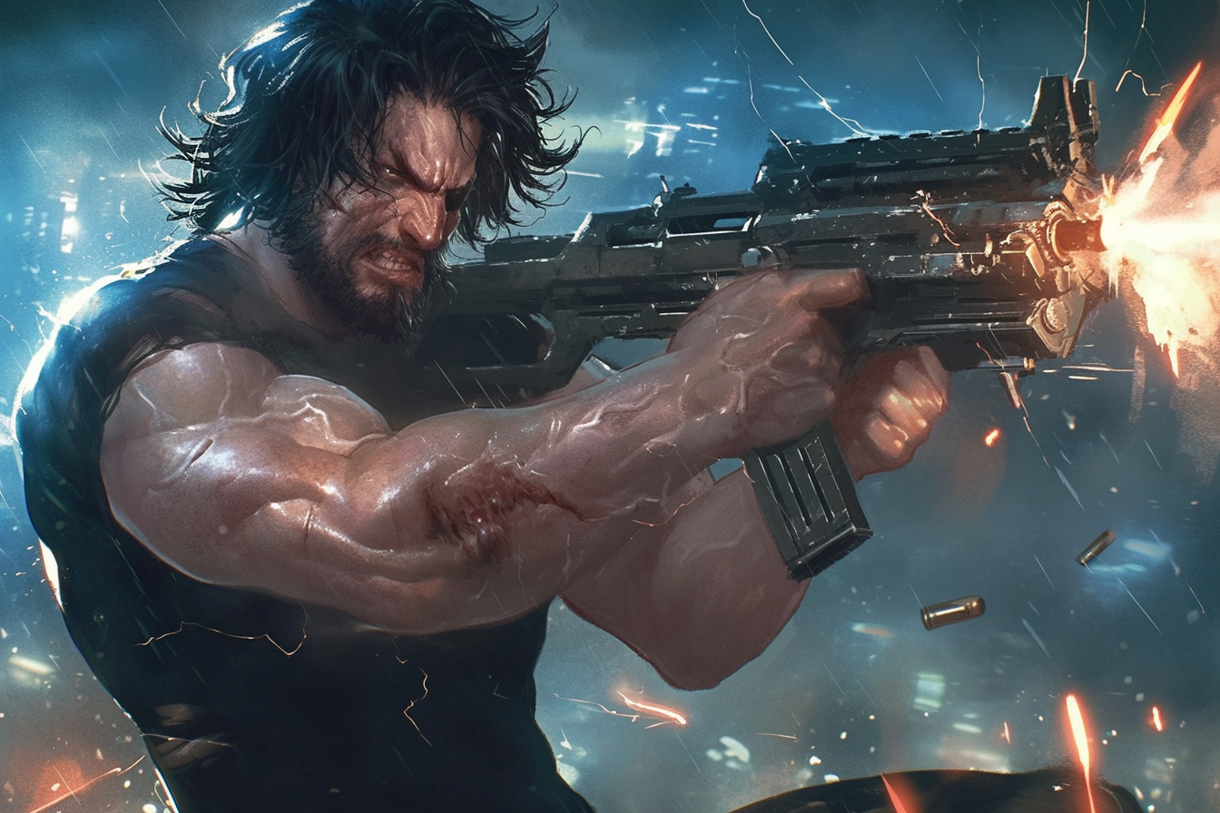 Muscular man firing machine gun in thunderstorm art style