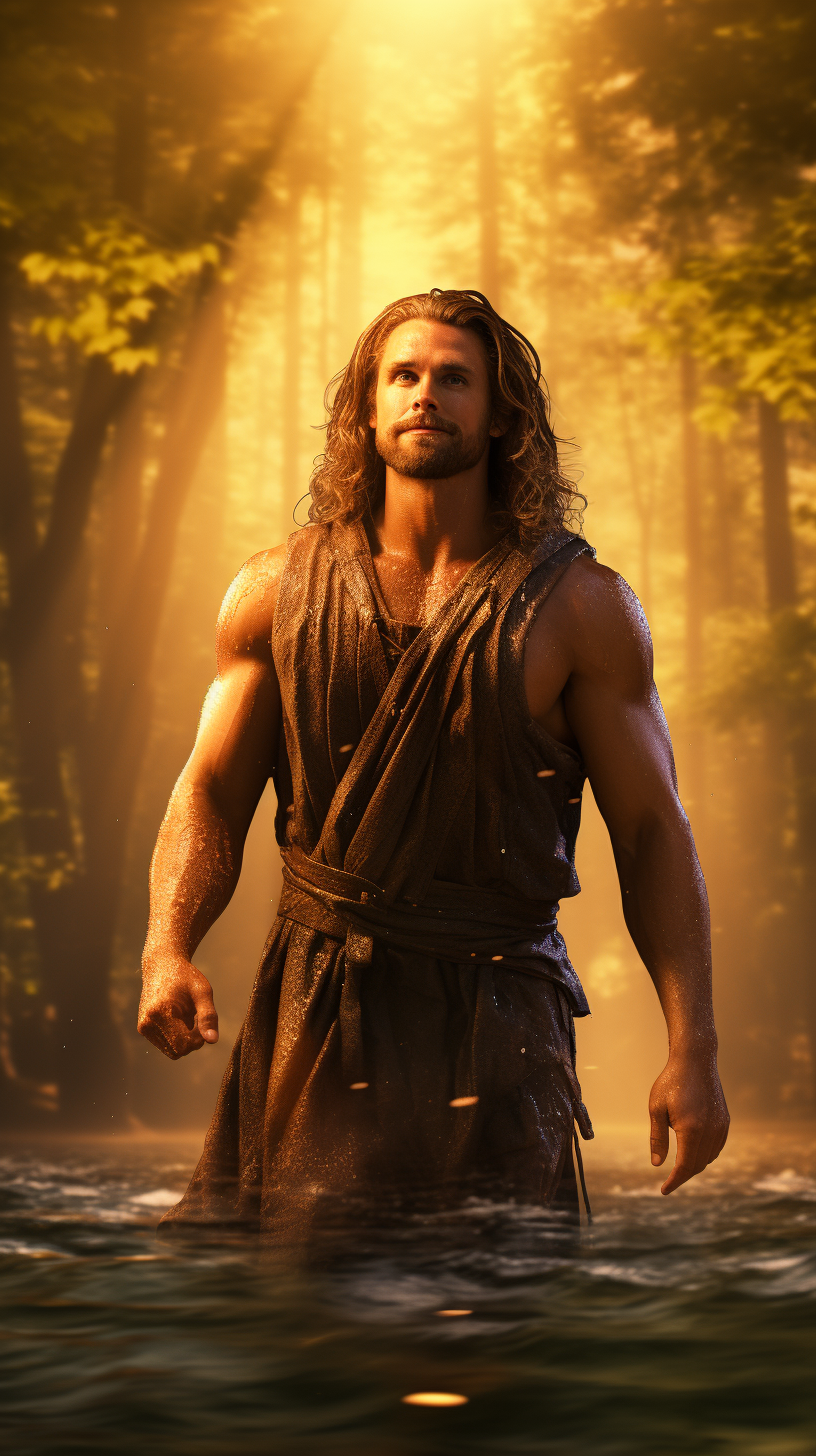 Muscular man in Bible-era forest, 3D-rendered and glowing.