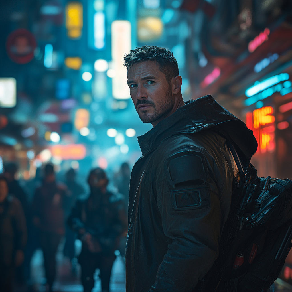 Muscular man in dark futuristic cityscape.