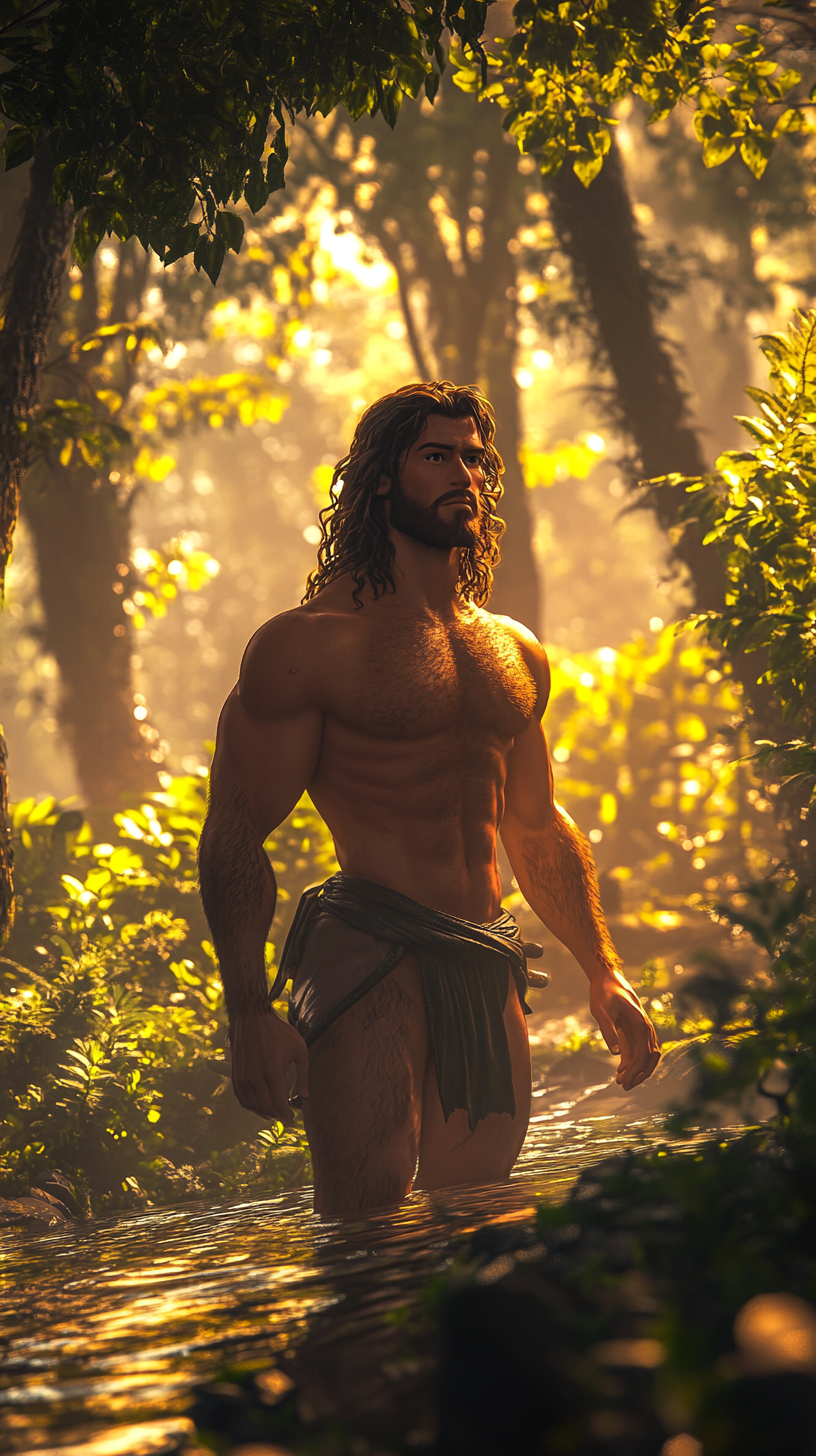 Muscular man in lush forest, golden hour glow.