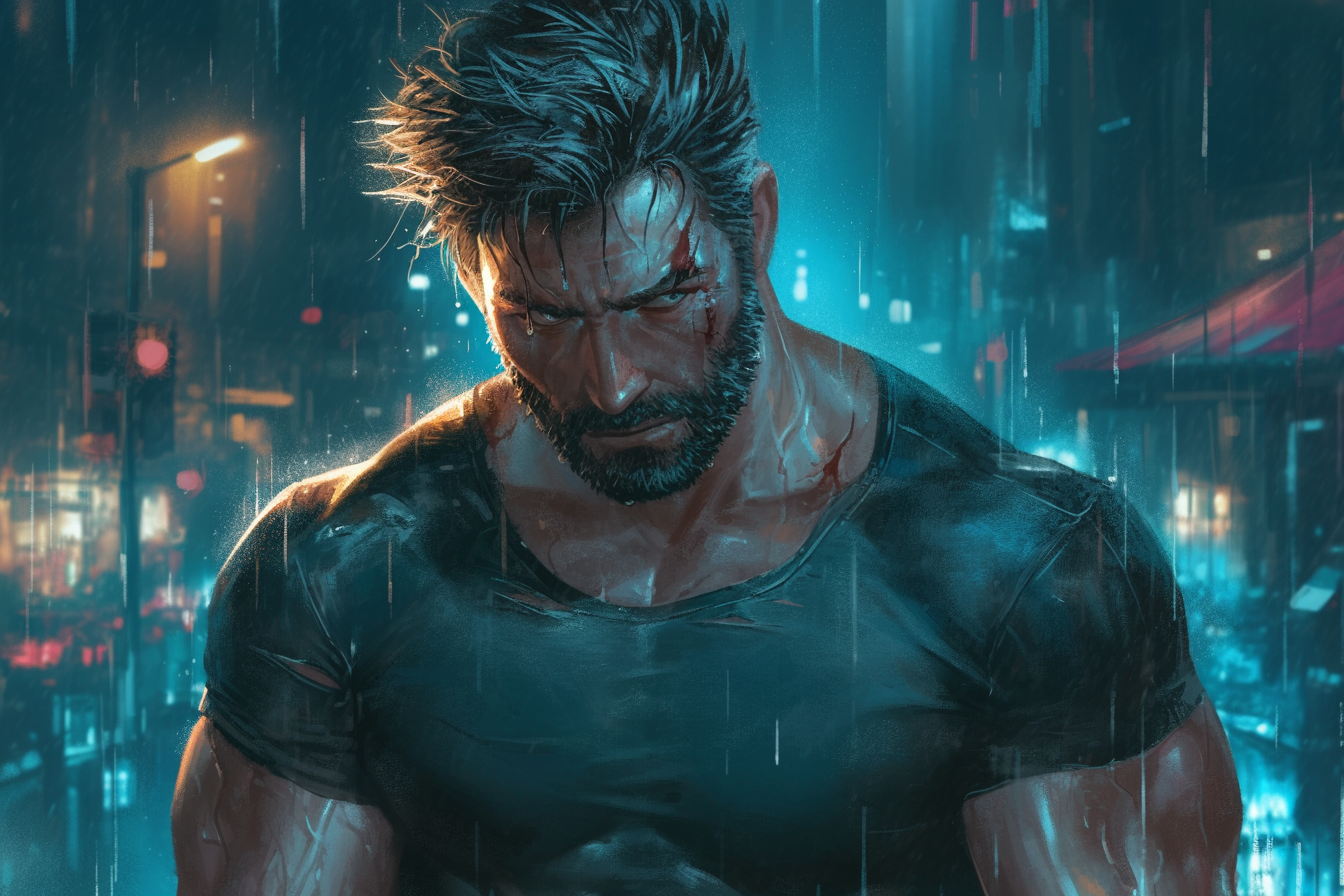 Muscular man in stormy town, horror art style.