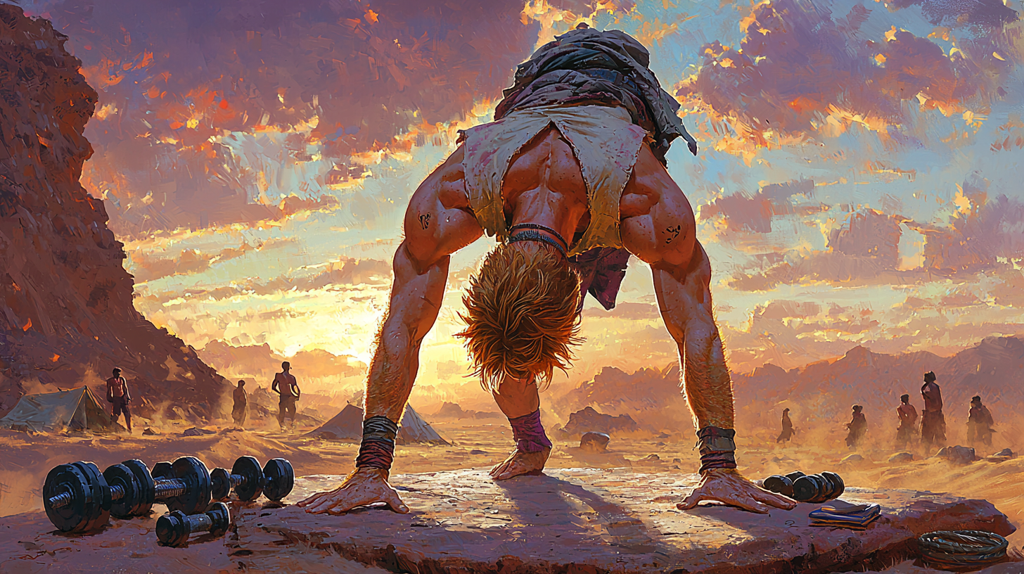 Muscular man performs handstand in serene desert dawn