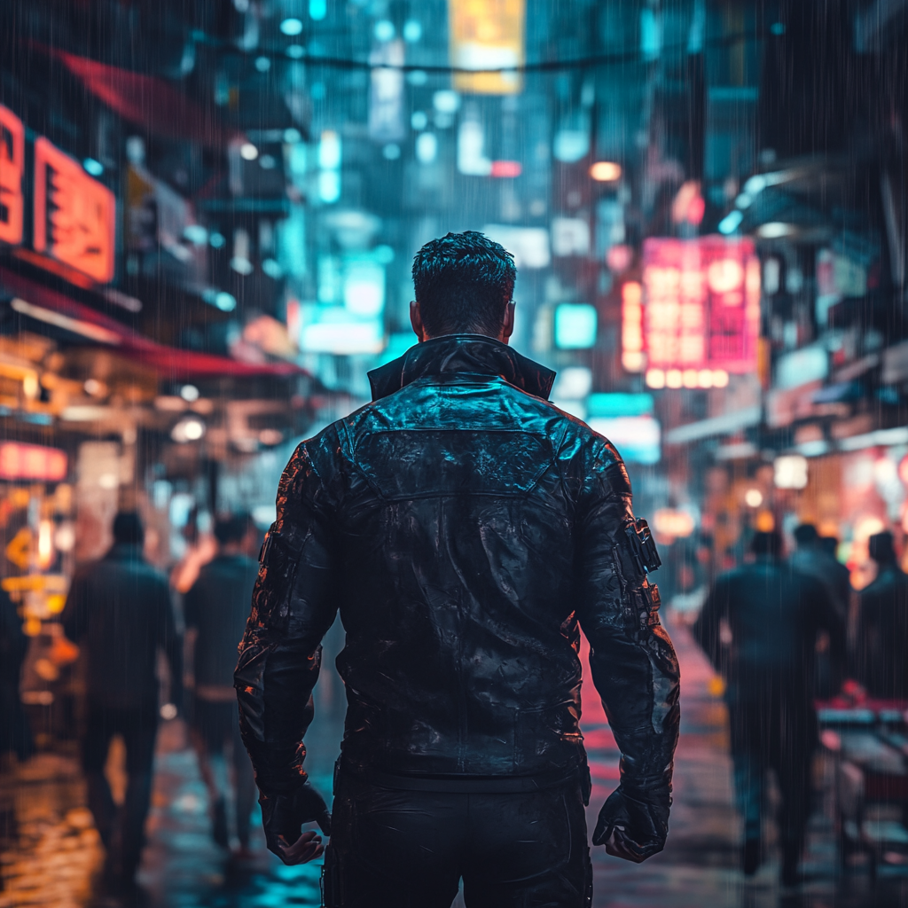 Muscular man walking in futuristic city street, cinematic lighting