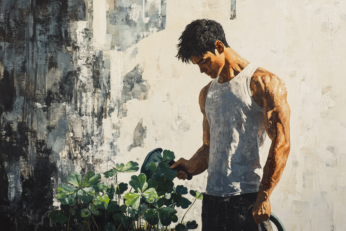 Muscular man watering big clover in surrealistic painting.