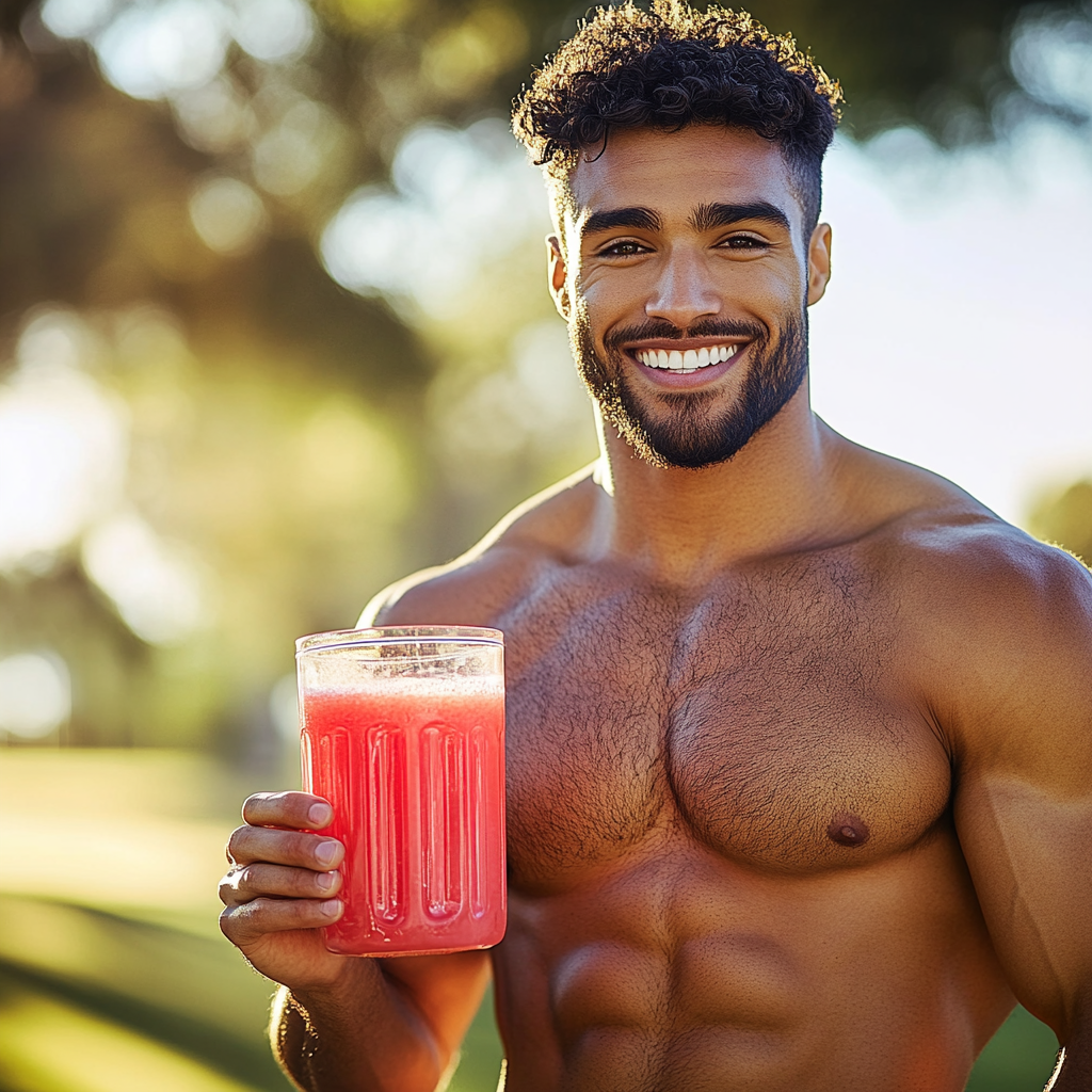 Muscular man with watermelon juice, sunny day setting.