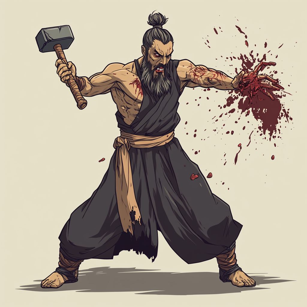 Muscular monk with man bun smashing zombie with warhammer.