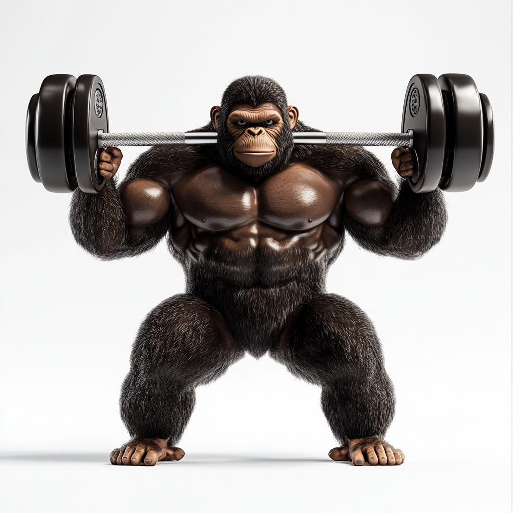 Muscular monkey lifting weights in vector style.