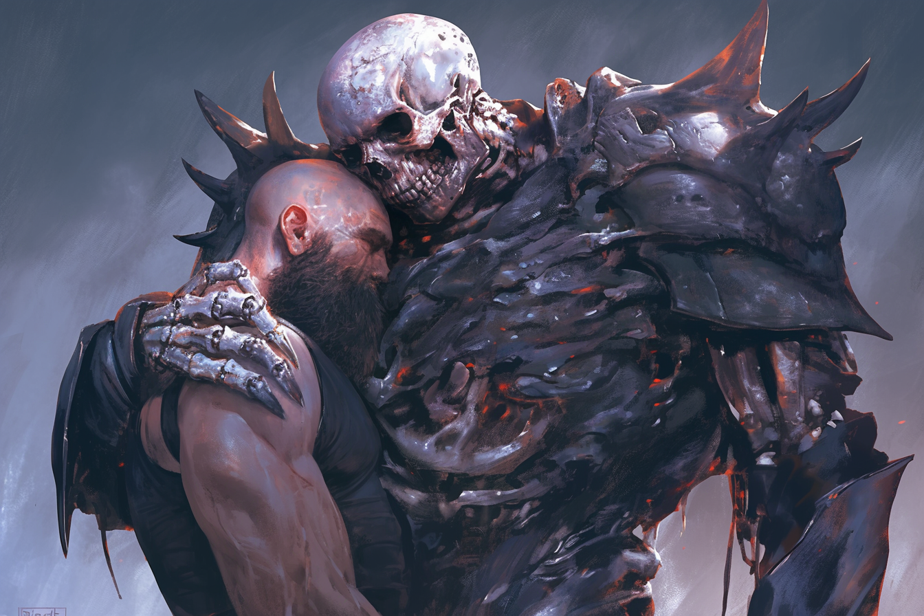 Muscular monster in bone armor holding bald man horror.