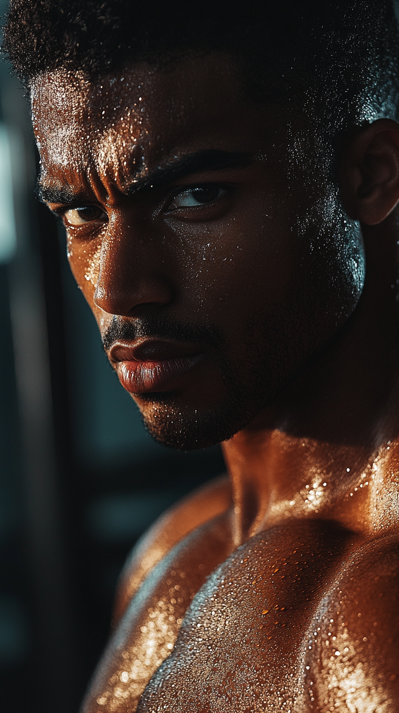 Muscular person in gym mirror, determined eyes, sweat.