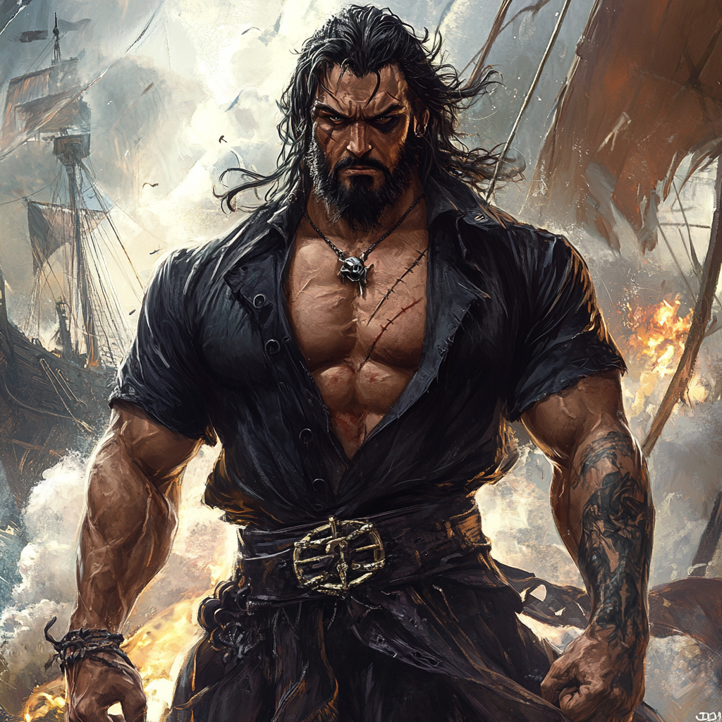 Muscular pirate captain in epic ship battle scene