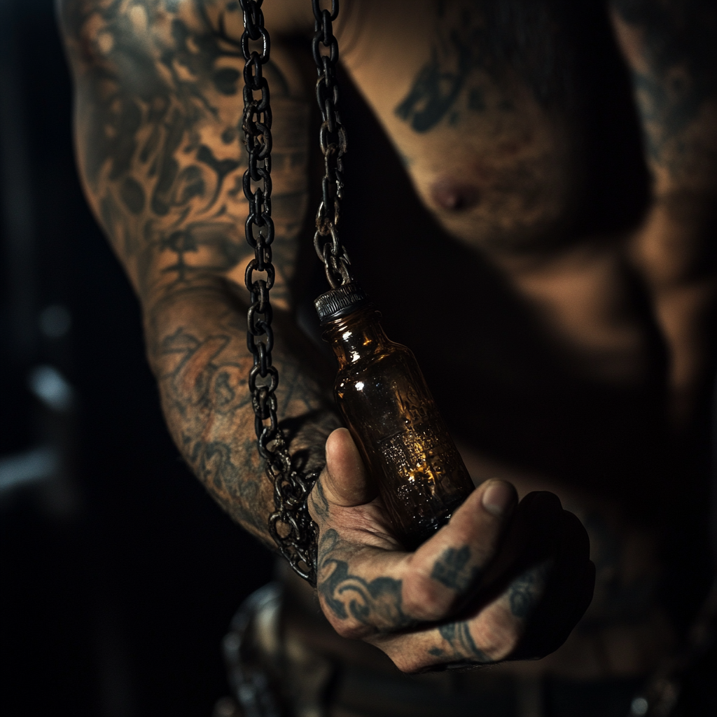 Muscular tattooed arm holds tiny bottle underground.