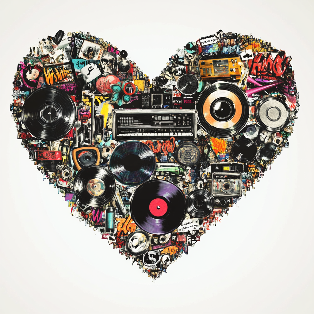 Music Collage: Vinyl Records, Speakers, Graffiti Spray Cans