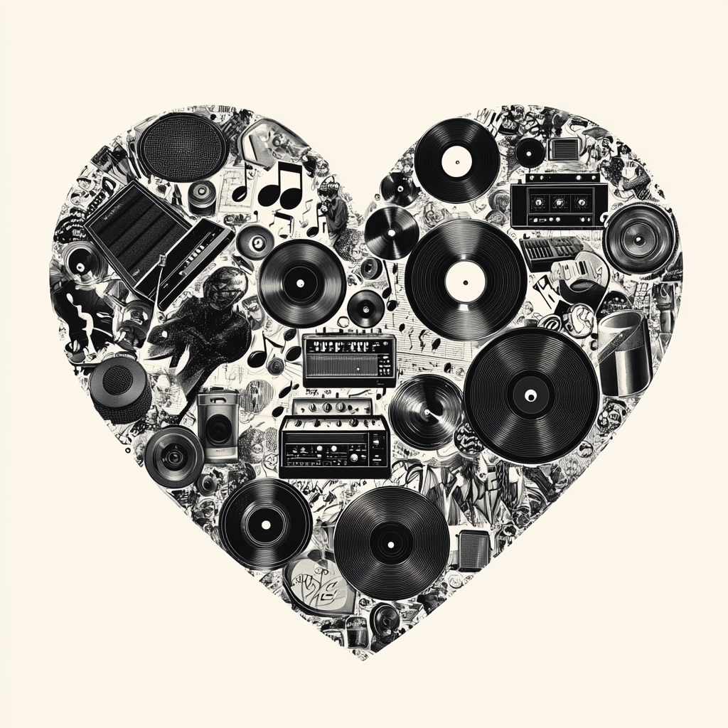 Musical Collage Vector Art with Vinyl Records, Speakers, Turntables