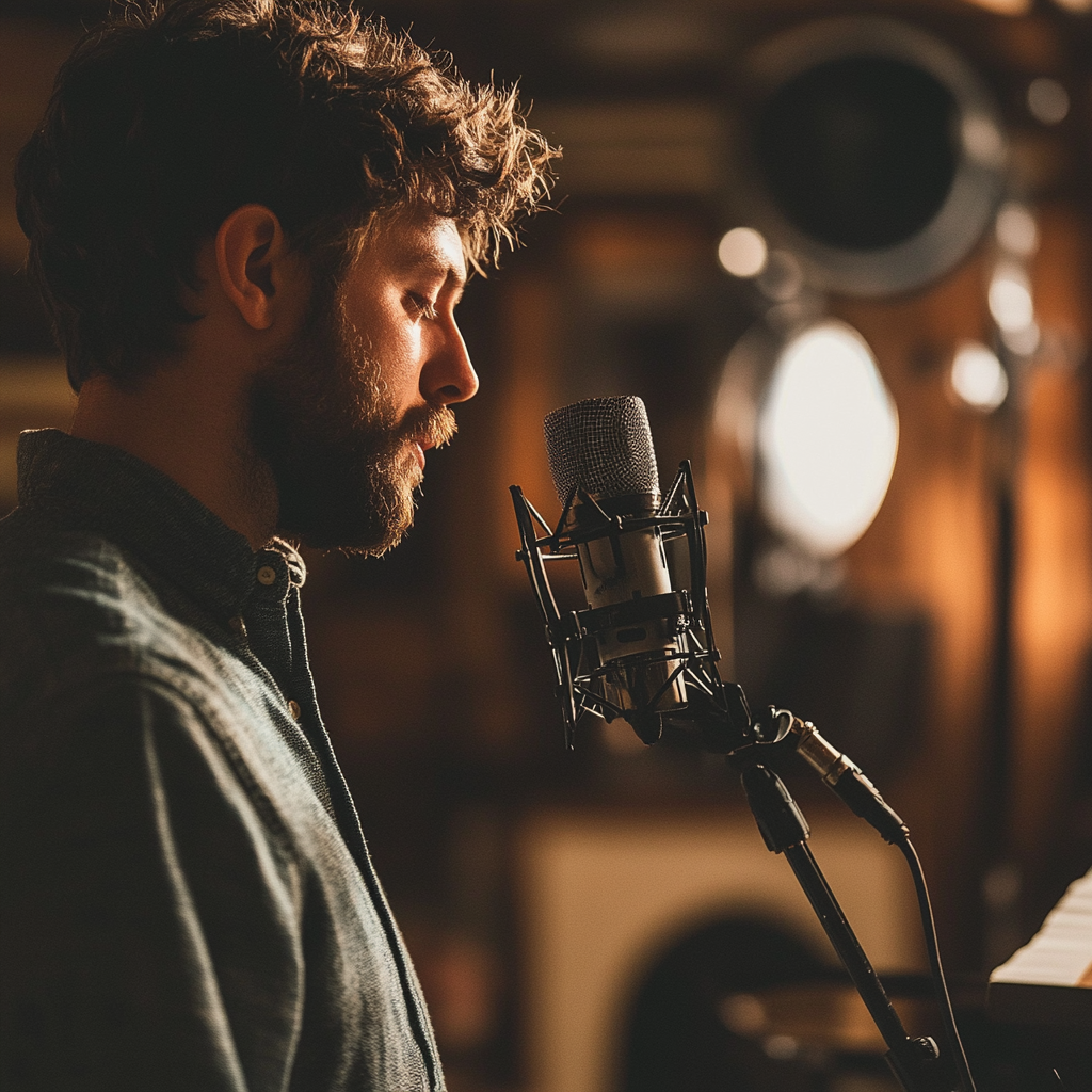 Musician with microphone in cinematic studio session