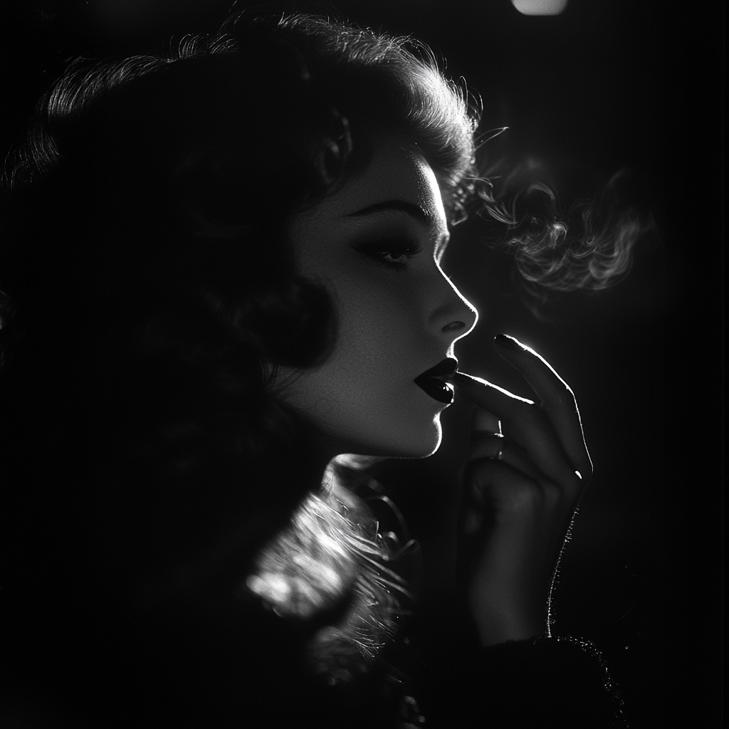 Mysterious 1950s Actress with Cigarette in Shadows