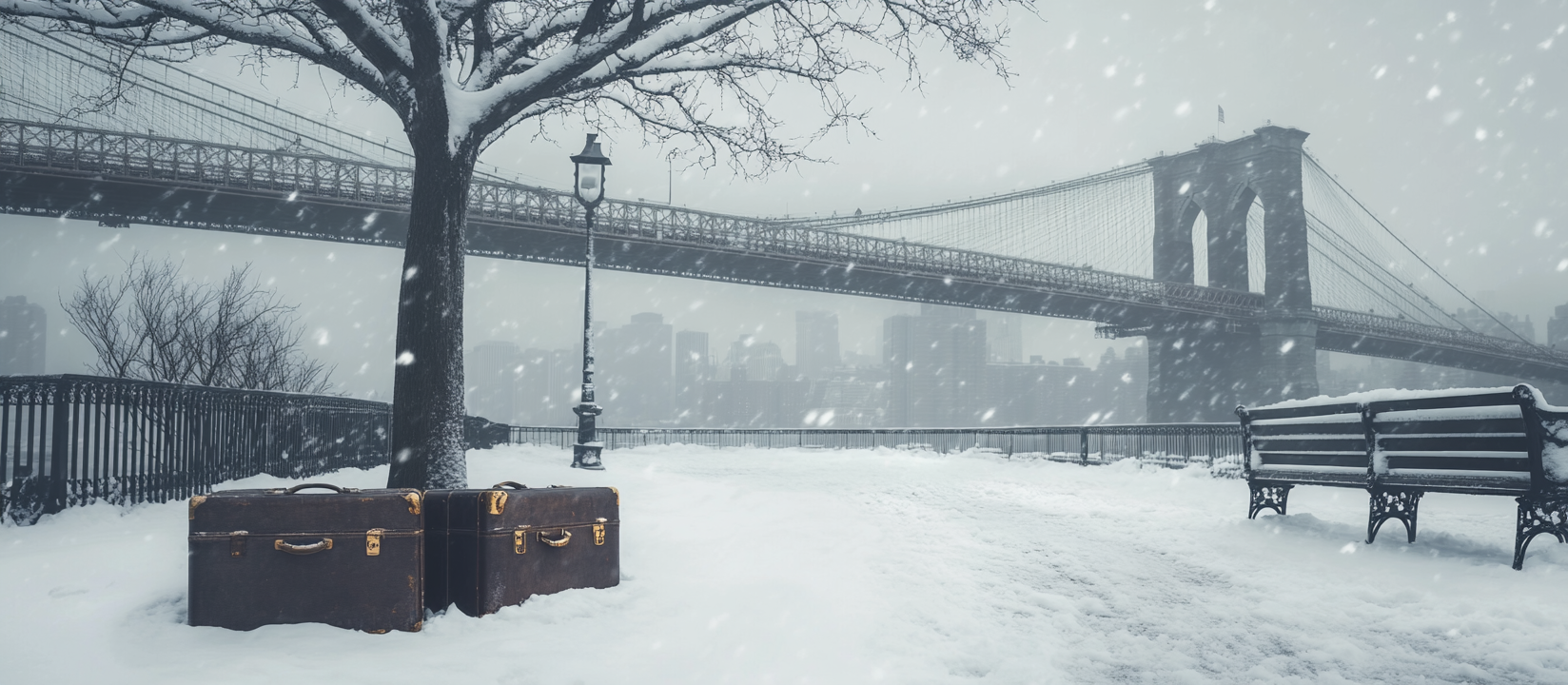 Mysterious Abandoned Suitcases in Snowy Panorama. 