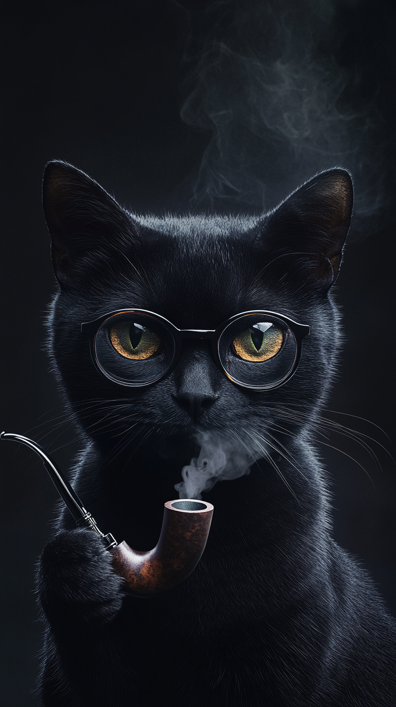 Mysterious Black Cat with Pipe in Dark Room