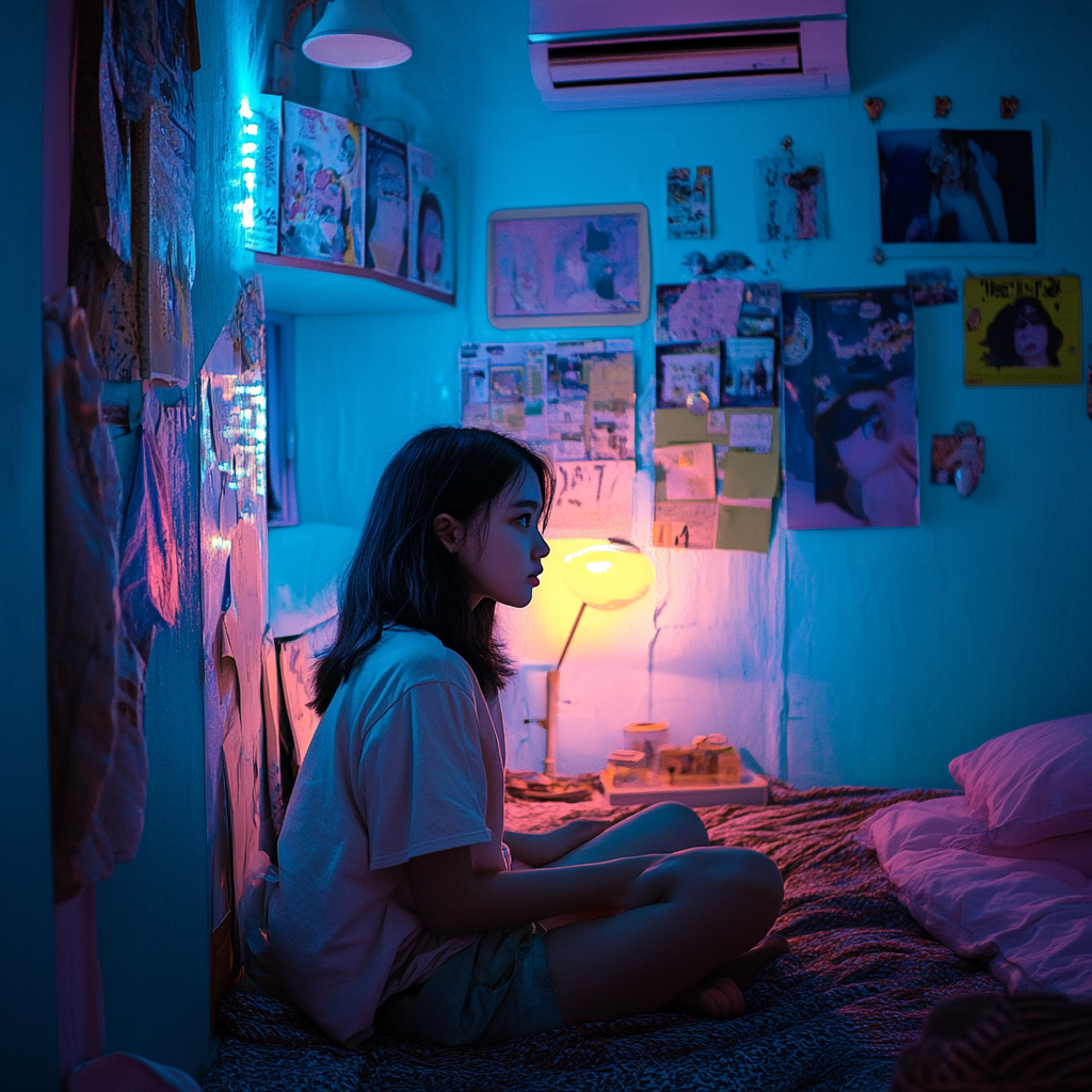 Child Alone in Her Neon Bedroom