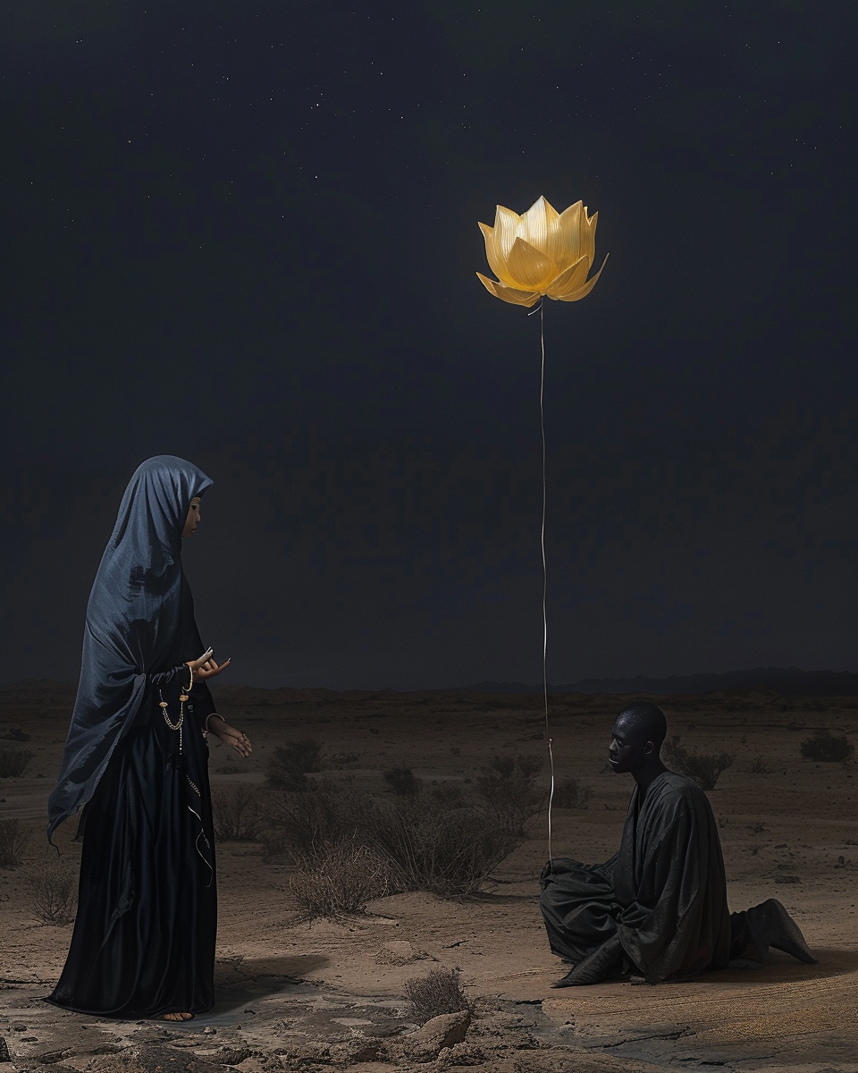 Mysterious Desert Scene with Woman, Man, and Balloon