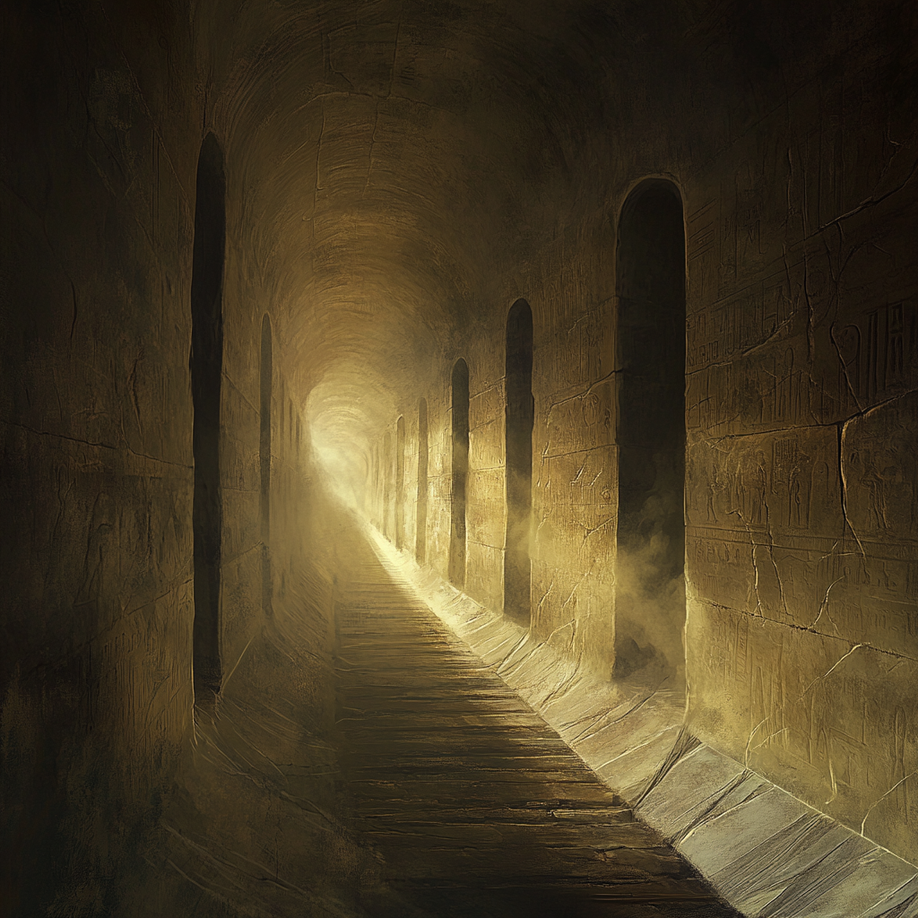 Mysterious Egyptian Labyrinth Tunnel in Realistic Fantasy Style.