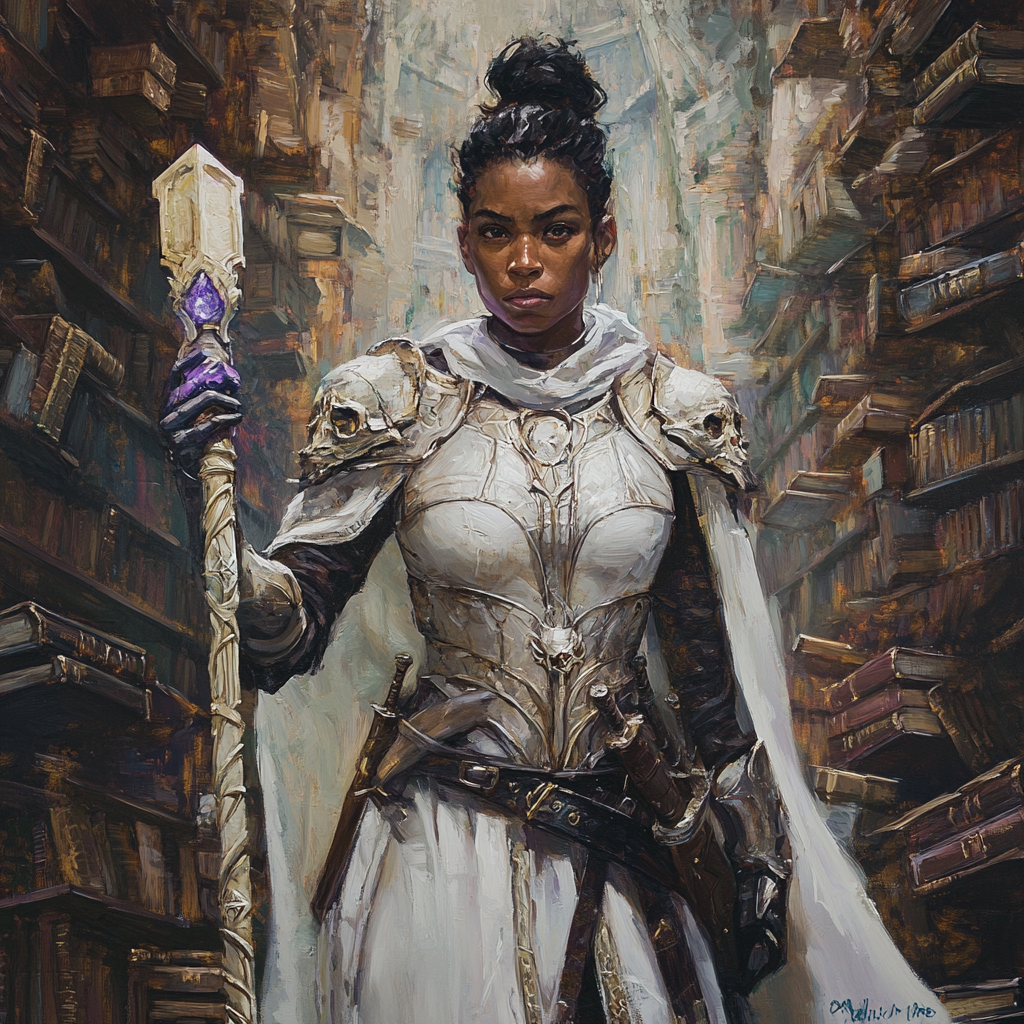 Mysterious Female Wizard in Armor in Library Ruins