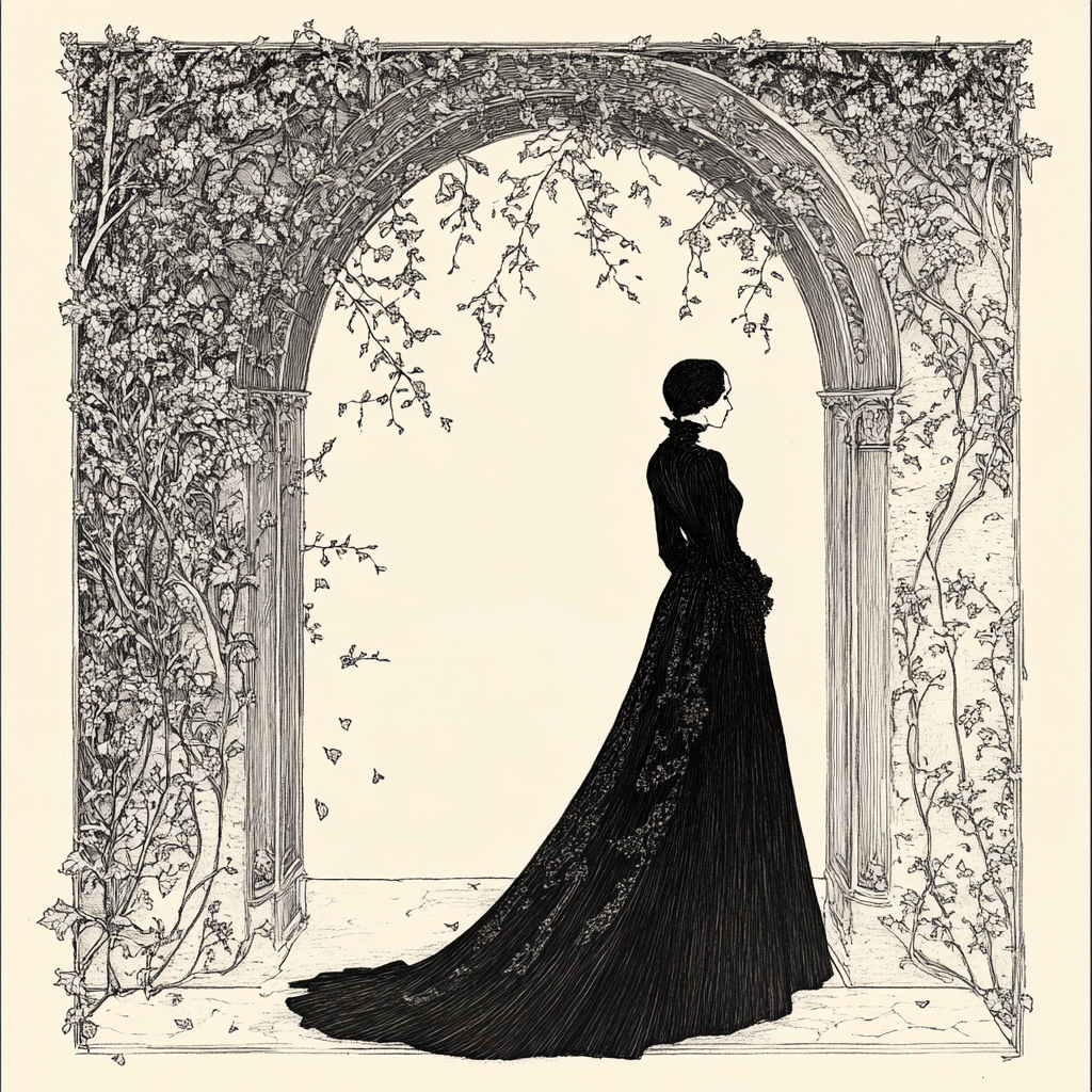 Mysterious Figure in Black Gown under Floral Archway