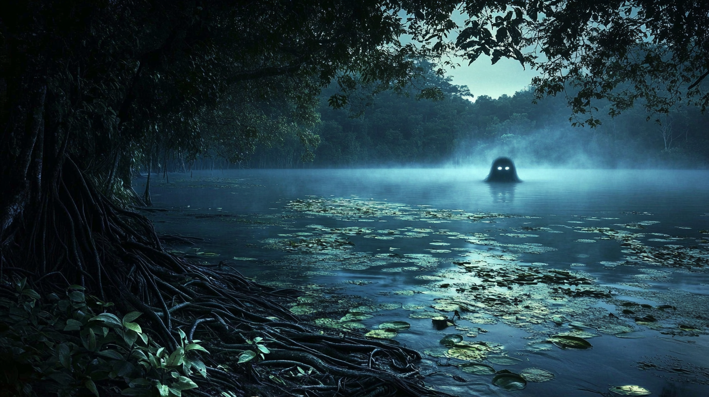 Mysterious Figure in Dark Jungle Water's Edge