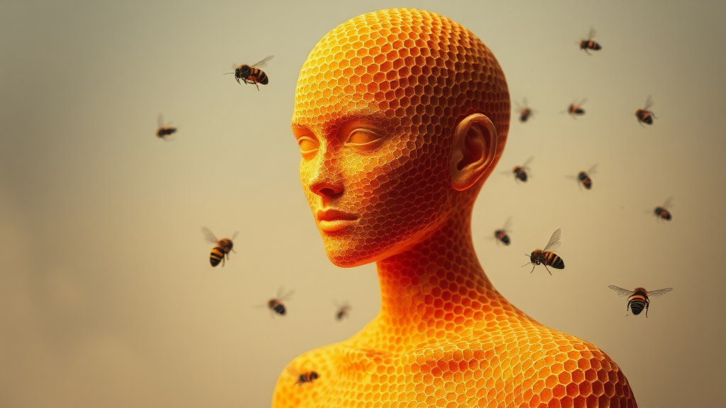 Mysterious Figure with Golden Honeycomb Texture and Bees