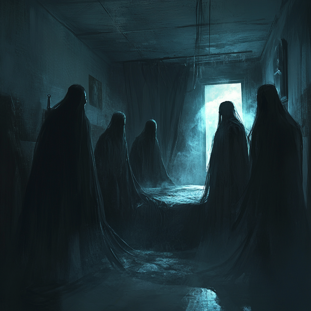 Mysterious Figures Around Bed in Moonlit Room