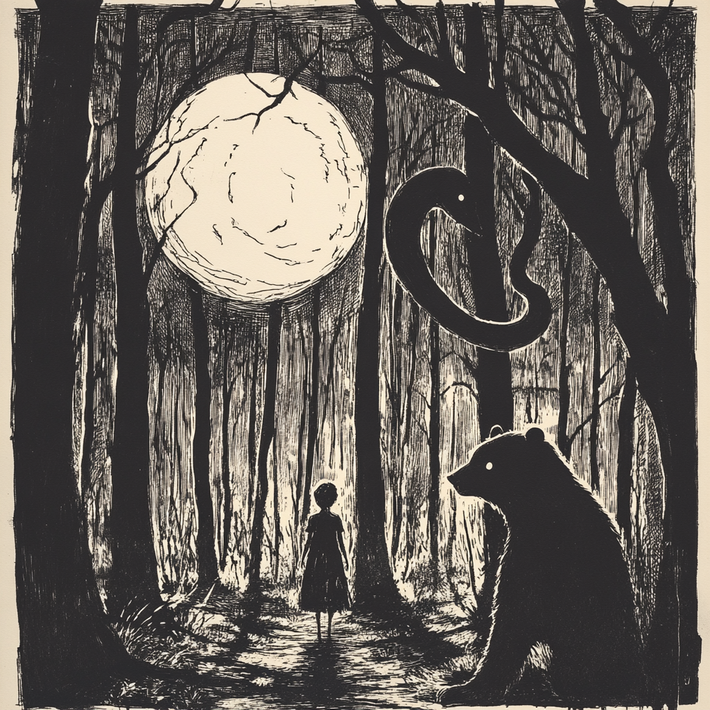 Mysterious Forest with Characters in Edward Gorey Style