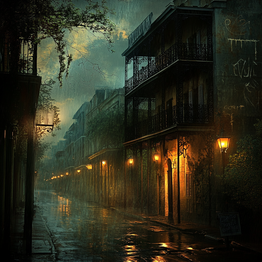 Mysterious French Quarter street at night with eerie symbols.