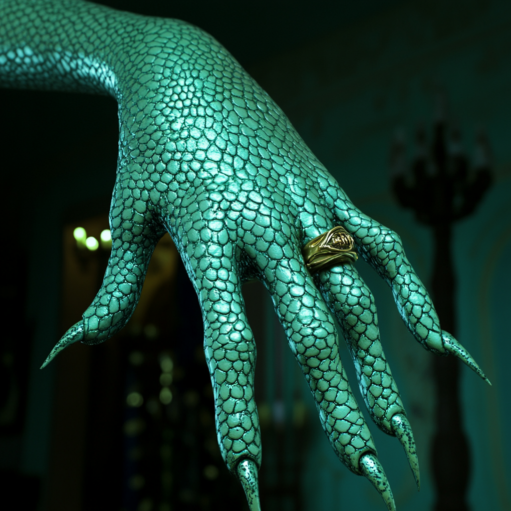 Mysterious Green Snake Hand in Dimly Lit Room