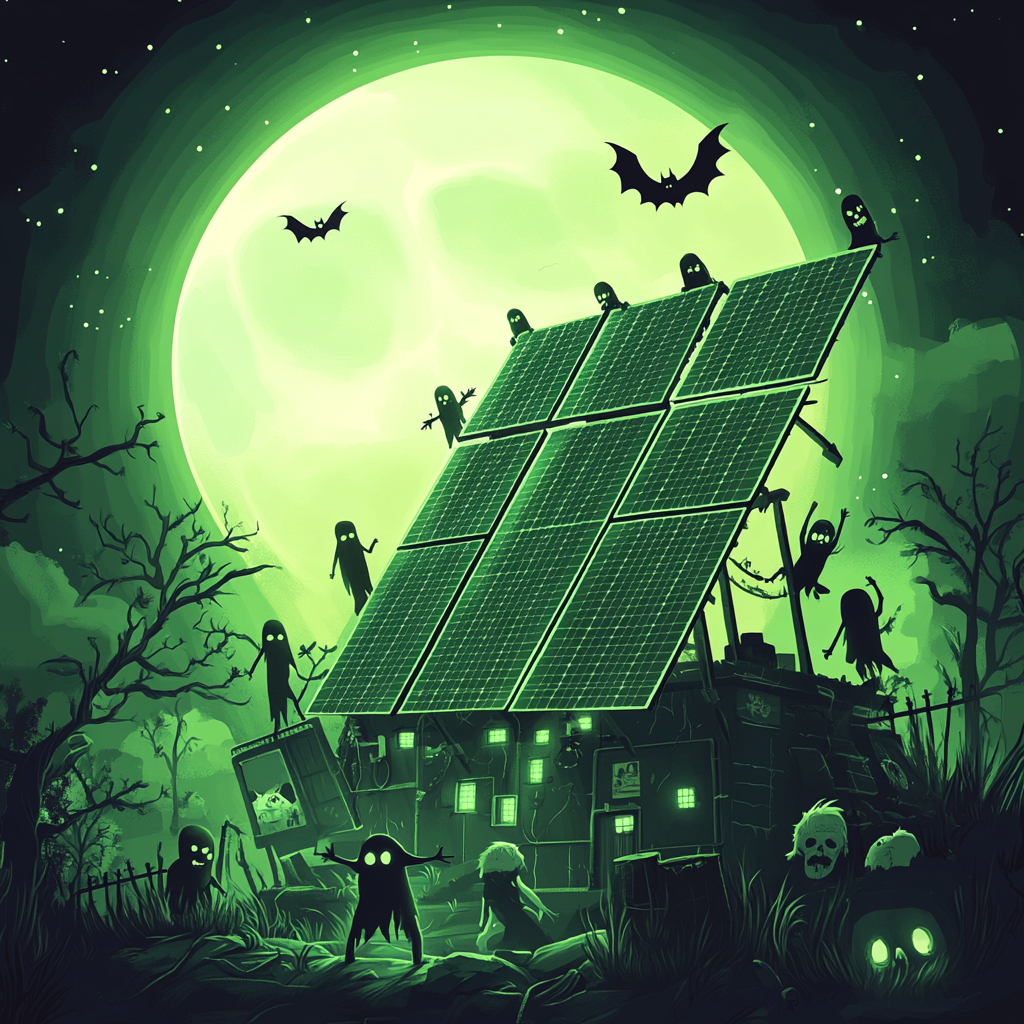 Mysterious Halloween Night with Playful Monsters and Solar Panels