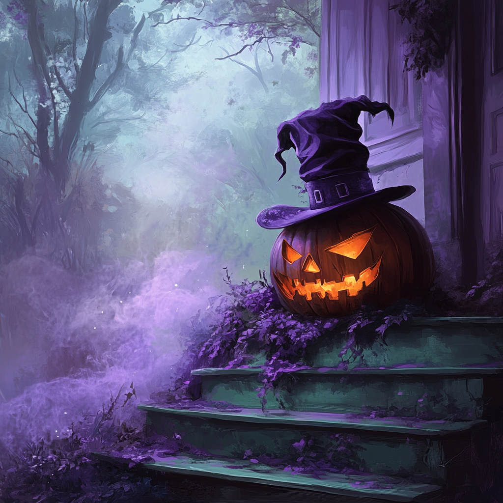 Mysterious Jack-o'-lantern on spooky porch steps